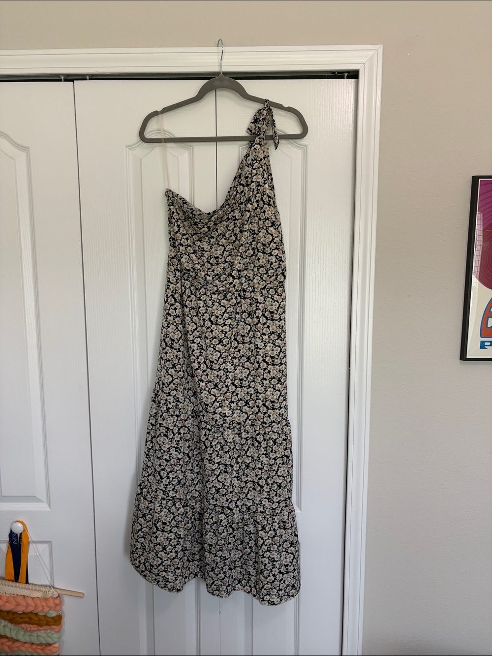 One-Shoulder Floral Midi Dress in Black and Cream
